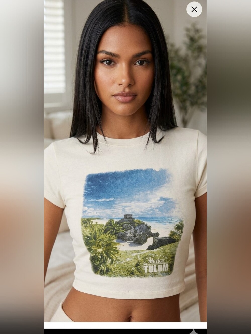Windsor Cream Graphic Crop Top with Blue & Green Scenic Print